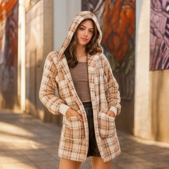 🆕️Boho Chic Plaid Fuzzy Hooded Jacket 100% Polyester Soft Plush Fall Layer Sz L - Picture 1 of 7